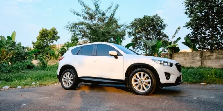 Witte Mazda CX-5 geparkeerd langs een weg met groen op de achtergrond