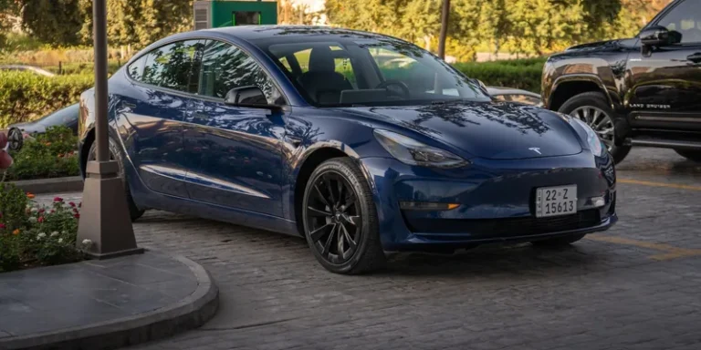 Blauwe Tesla Model 3 geparkeerd op een klinkerparkeerplaats