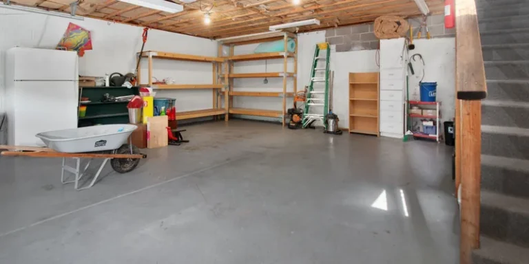 Garage met houten stellingen en opgeruimd gereedschap voor opslag